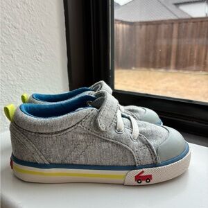 See Kai Run Gray Sneakers with Blue and Yellow Highlights